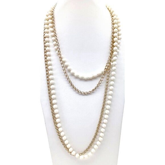 Vintage Double Strand Flapper Necklace, Hong Kong Basic White Beads and Gold - Picture 4 of 4
